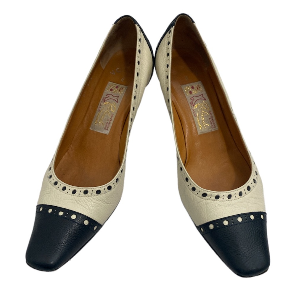 Vintage Voltan Rolando white and black leather kitten heels
